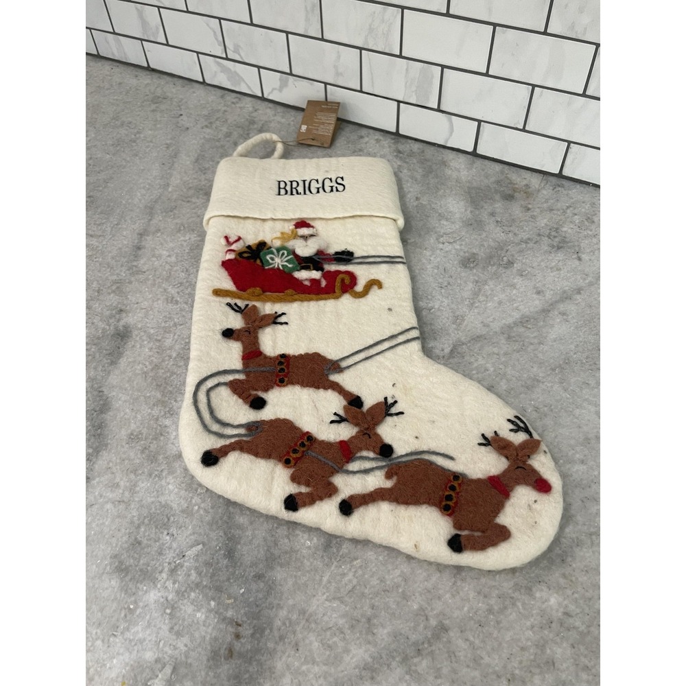 West Elm Christmas Stocking Santa Reindeer White Large Briggs Name Holiday